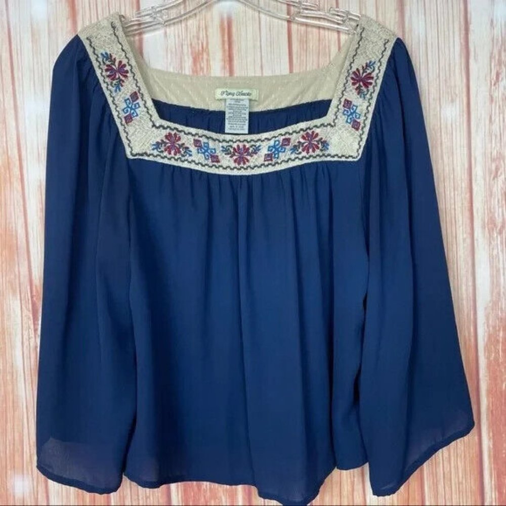 Flying Tomato Women's Embroidered Blue Blouse Peasant Top Square Neck Boho Sz L
